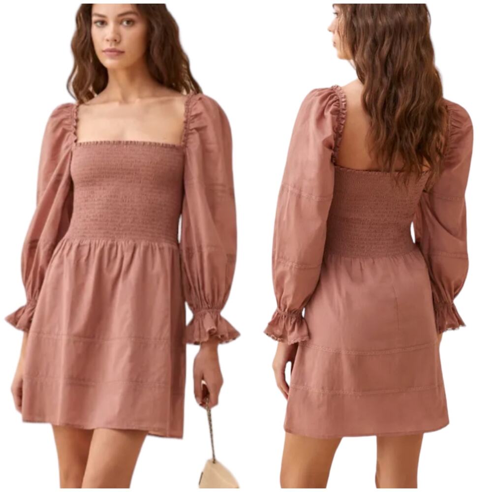 Reformation NWOT Dunes Smocked Long Sleeve Mini Dress Praline Pink Size 10